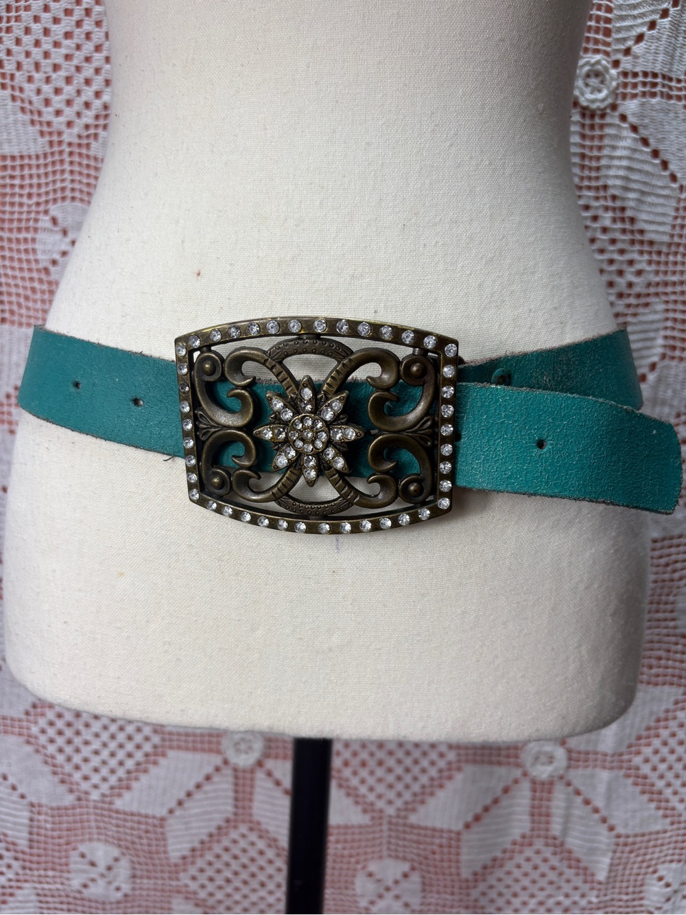 Upcycled Distressed Leather Belt with Rhinestone Buckle